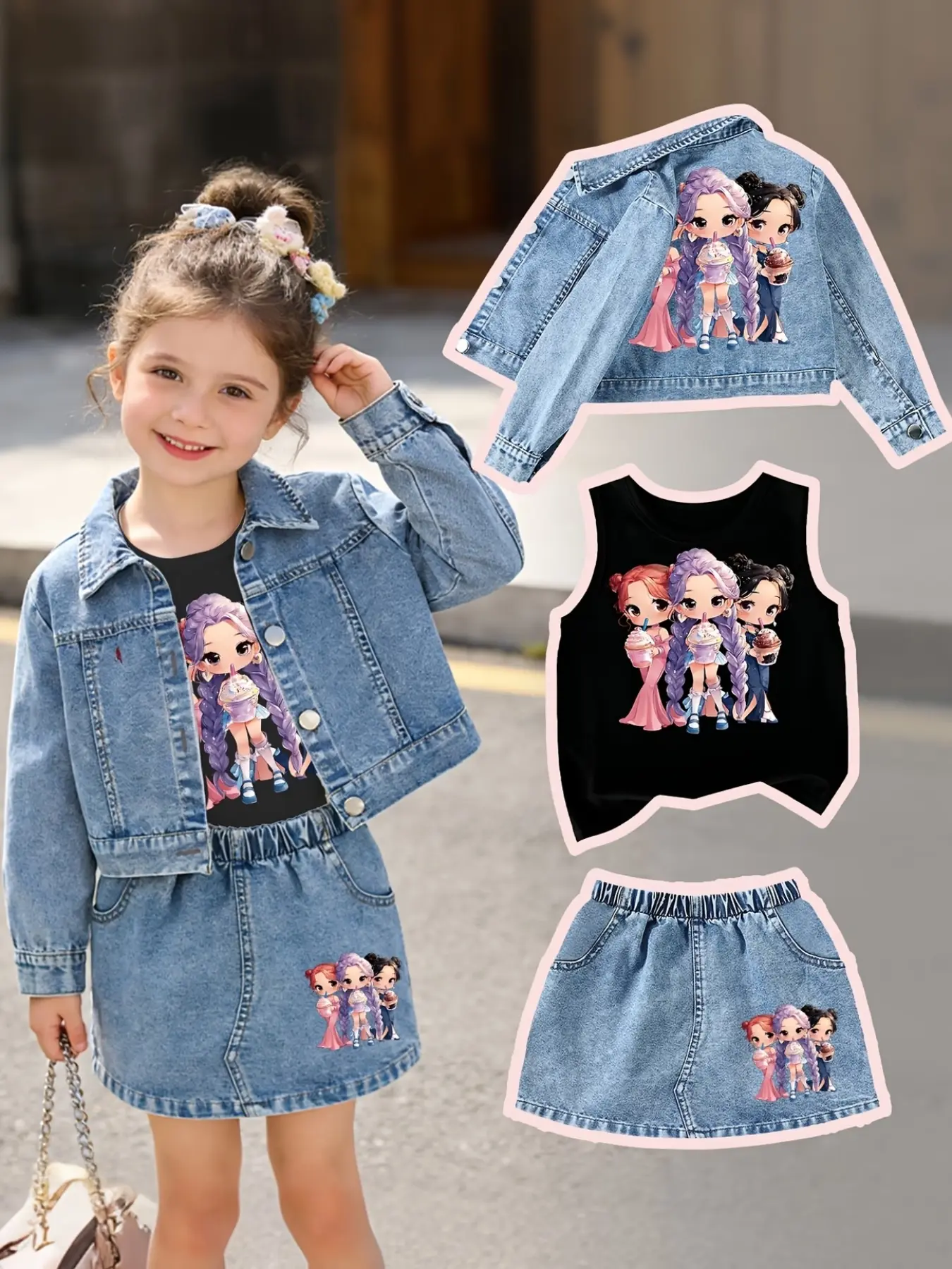 Three-Piece Set Including Denim Jacket, Jeans, Sleeveless Top, Sweet Dessert Theme, Cute Girls Design, Outdoor Activities, Summer Clothes Set, Fashion Set, Cute Clothing Set, Clothes Kids