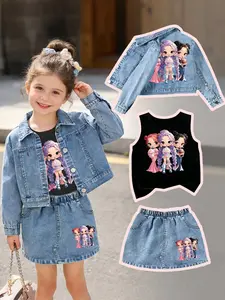 Three-Piece Set Including Denim Jacket, Jeans, Sleeveless Top, Sweet Dessert Theme, Cute Girls Design, Outdoor Activities, Cute Clothing Set, Summer Outfits Set