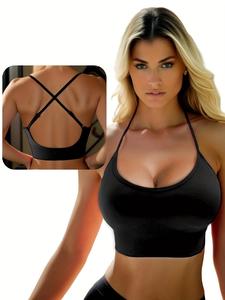 women's criss cross backless breathable sports bra, solid comfortable wireless push up bra, adjustable shoulder strap,softness lightweight lingerie for women's daily wear, gymclothes,yoga,running