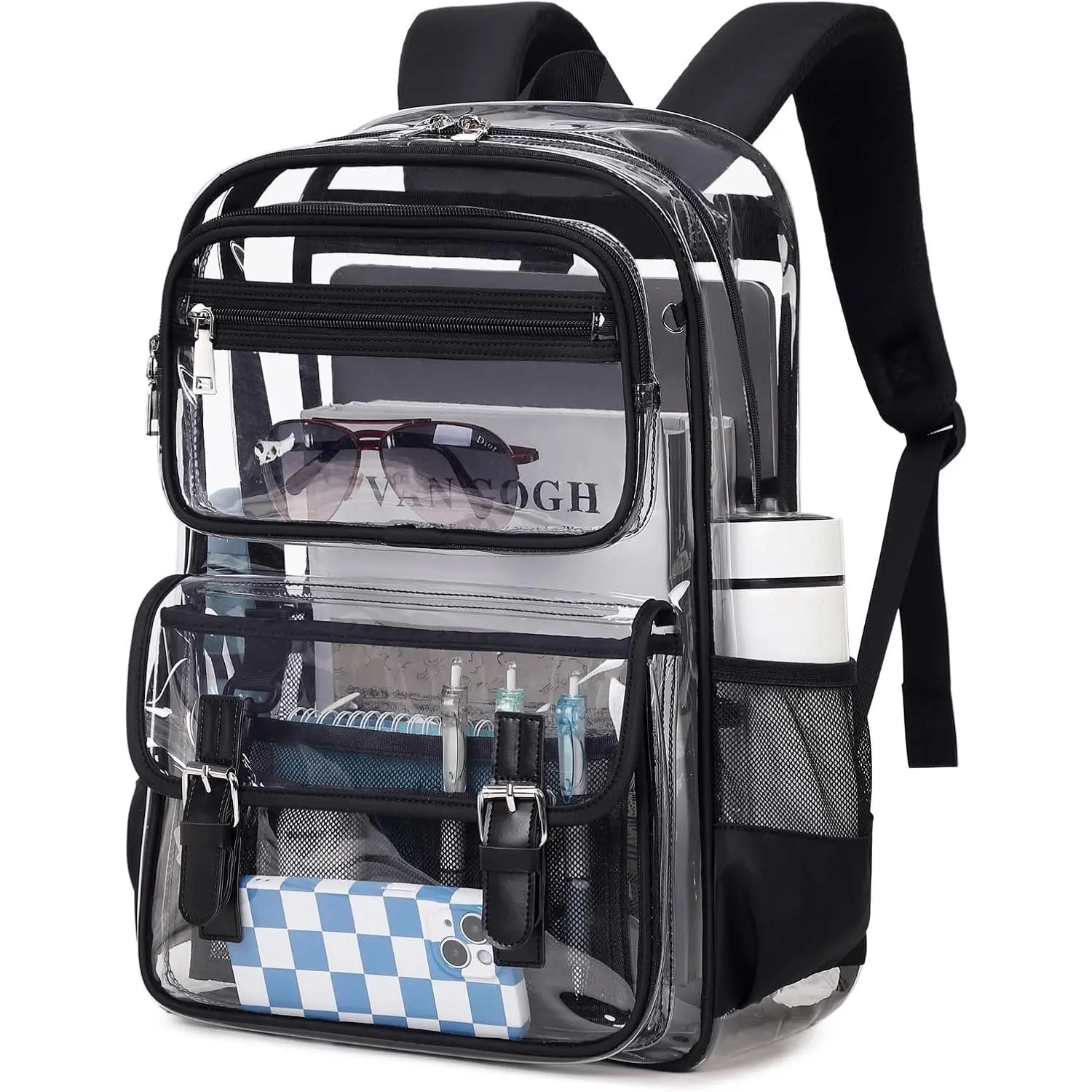 Large Clear Backpack Transparent Heavy Duty School PVC Bookbag See Through Bag Boys and Girls for College Work Travel , Black
