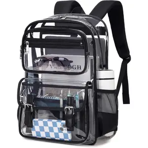 Large Clear Backpack Transparent Heavy Duty School PVC Bookbag See Through Bag Boys and Girls for College Work Travel , Black