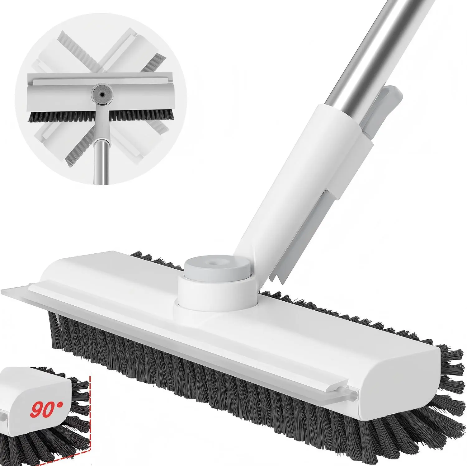 Floor scrub brush with long handle features a scraper and heavy-duty stiff bristles. Perfect for cleaning showers, bathrooms, patios, garages, kitchens, walls and more. A must-have household cleaning essential for every home.