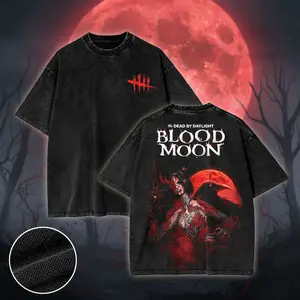 [Collection - 5 Design] Blood Moon event x Dead By Daylight Washed Oversized T-Shirt for Man | Streetwear Vintage Horror Gaming Tee | Premium Cotton Heavyweight Graphic Shirt | Black