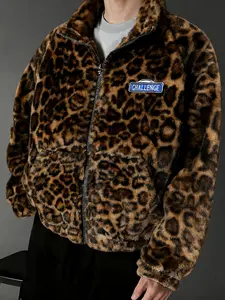 Leopard Print Faux Fur Jacket, Coat, Warm Plush Fabric, Challenge Patch Decoration, Loose Stand Collar Zipper, Winter Casual Style Fitted