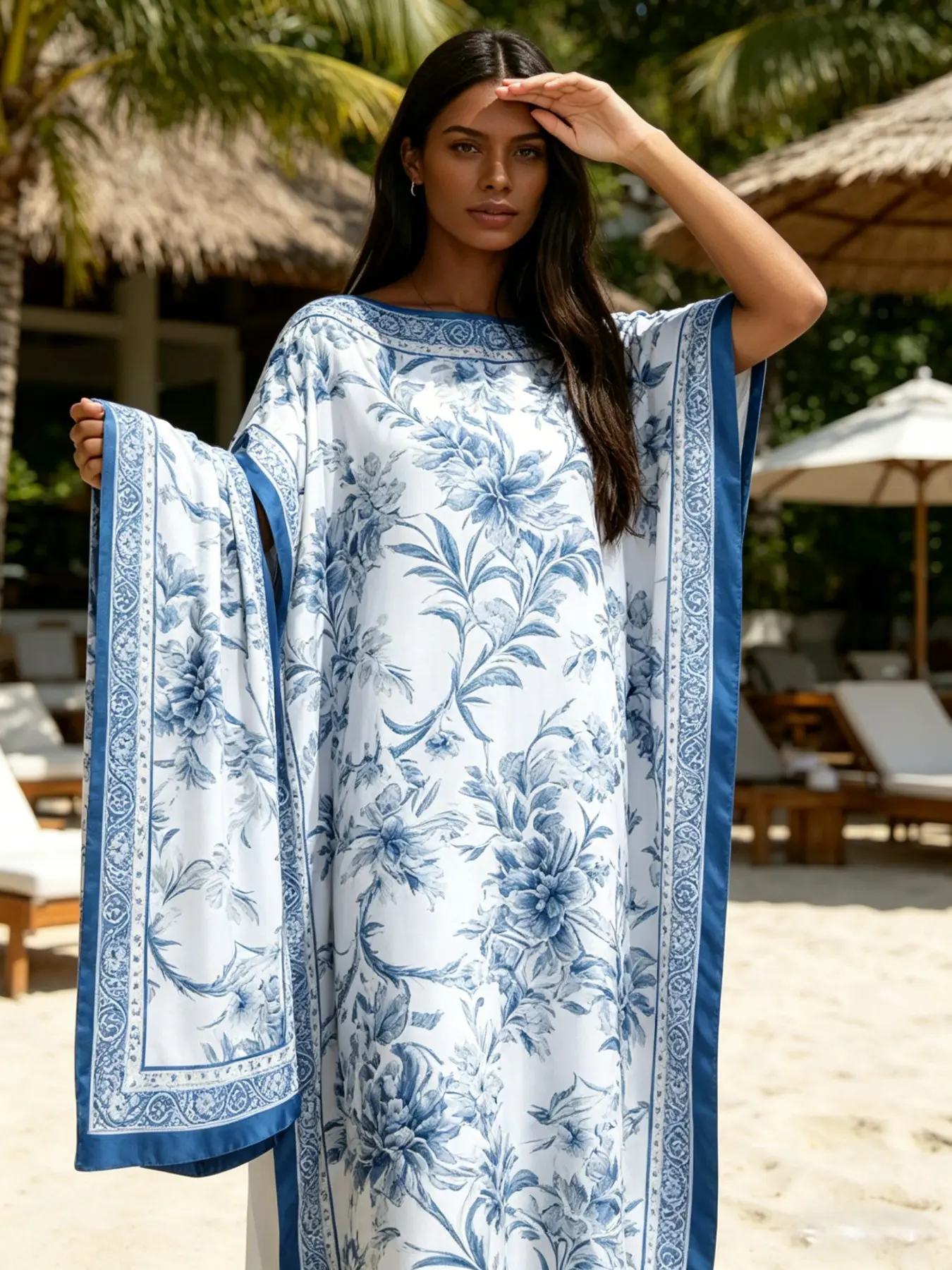 Two piece satin Ethnic Print Kaftan set, Ethnic Pattern Kaftan, white Kaftan and blue geometric flower print dress with scarf, a loose choice for daily and party wear, perfect for beaches and resorts, Beach Kaftans, Caftan Beach