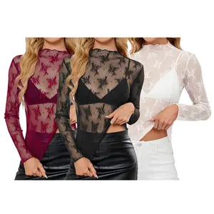 Siliteelon Lace Mesh Top - Burgundy Floral Long Sleeve Fitted Mock Neck See-Through Blouse for Y2K Club, Day Party & First Date Outfits | January Outfit Inspo