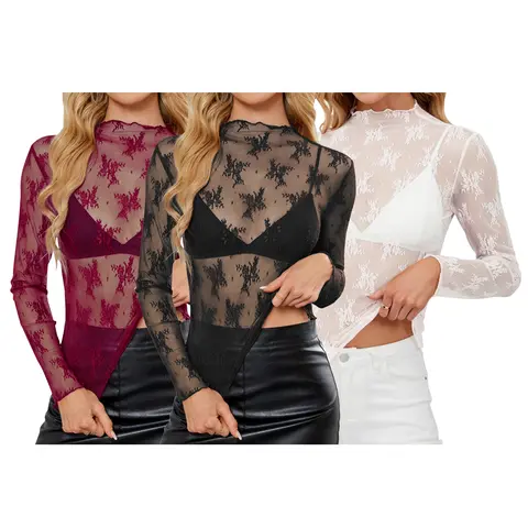 Siliteelon Lace Mesh Top - Burgundy Floral Long Sleeve Fitted Mock Neck See-Through Blouse for Y2K Club, Day Party & First Date Outfits | January Outfit Inspo