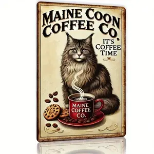 Tin Metal Signs 8x12 Vintage Maine Coon Cat Wall Art, Retro Home Bar Cafe Decor, Funny Coffee Company 2D Hanging Tin Sign for Ro
