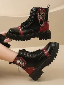 Women's Fall New Korean Style Rivet Thick Sole Short Boots, Dark Punk Front Buckle Boots, Stylish Women's Shoes, Ankle Boot