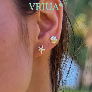 VRIUA Gold Starfish Seashell Earrings for Women & Girls Waterproof Hypoallergenic Chunky Ocean Vibes Starfish Shell Ear Studs accessories for women