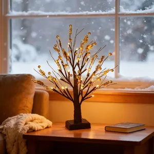 1-Piece Set, Christmas Gold Berry Tree Lights, LED Branch Lights with Warm White Light - Gold Berries, Perfect for Valentine's Day, Weddings, Christmas - Durable Plastic Tabletop Decor, Ideal for Bedrooms, Desks, Parties, Fairy Lights for Bedrooms
