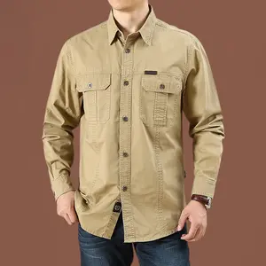 Men’s summer long-sleeve work shirt, cotton uniform/workwear, loose fit for outdoor use, no ironing required