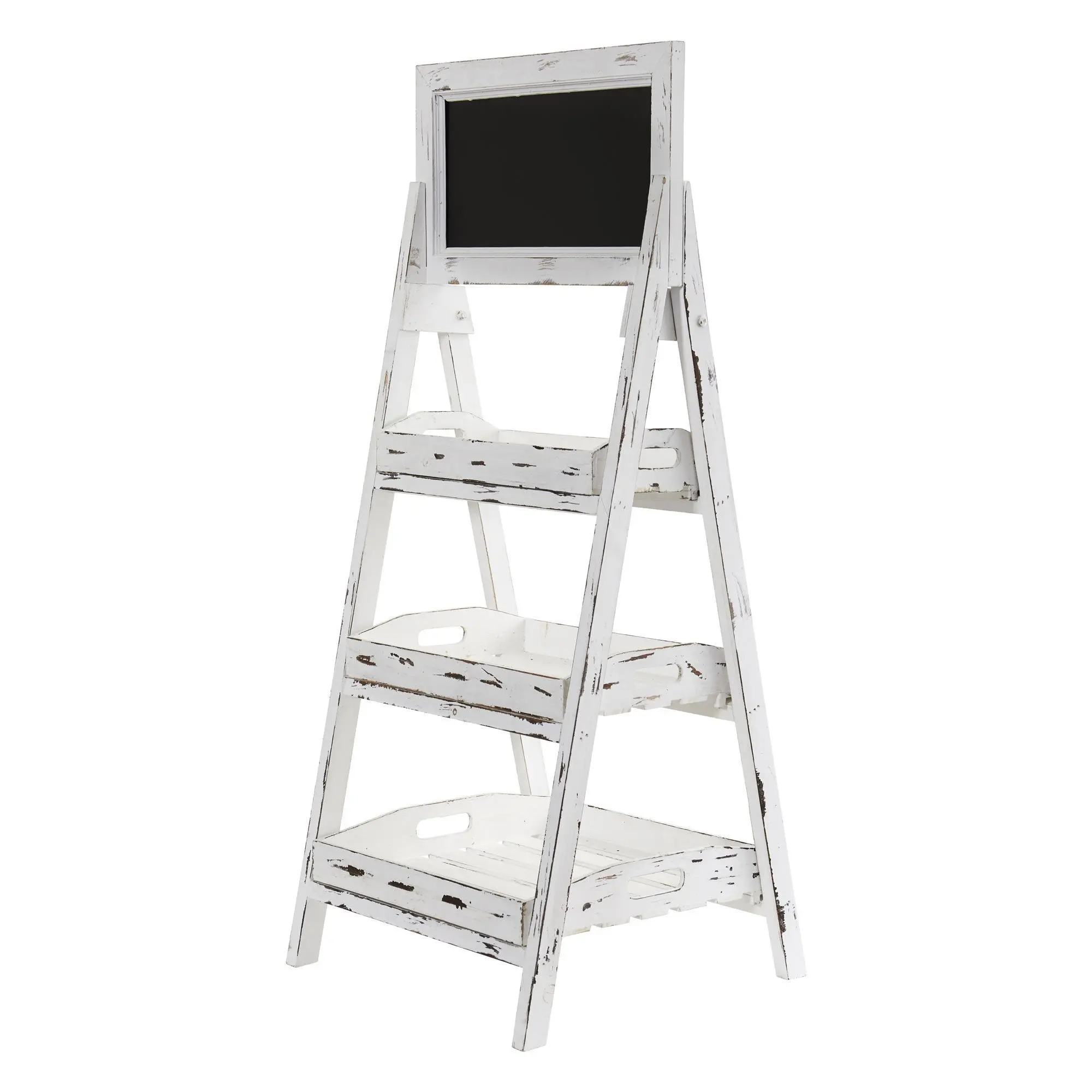 3' White Washed Farmhouse Storage Rack with Chalkboard Surface - Office Presentation Supplies Organiser for Desk, Kitchen Shelf for Fruit, Plant Storage, Standing, Storage Racks