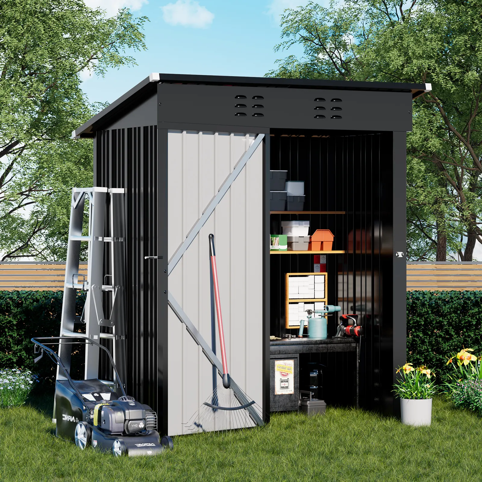 GTPLAYER 5x3FT Powder Coated Lockable Galvanized Steel Garden Shed, Heavy Duty Waterproof Metal Alloy Building with Lockable Door, Sloping Roof, Air Vent, Assembly Guide, Maximizes Space Utilization, Keeps Space Cool for Backyard, Patio