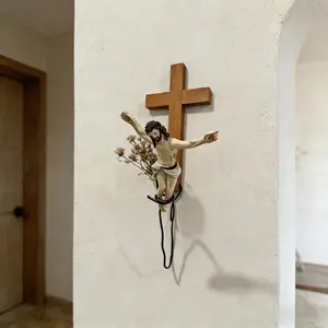 Nordic Simple Wooden Cross Decoration Hanging Ornament, Holiday Atmosphere Carving Accessory, Stylish Religious Decor, Wood Craftsmanship Decorative Item, Religious Home Decor