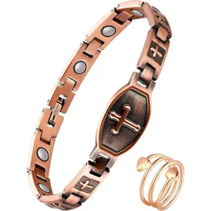 Feraco Copper Cross Bracelets for Women, 99.99% Copper Magnetic Bracelets with Effective Neodymium Magnets, Adjustable Jewelry Gift,charm  bracelets
