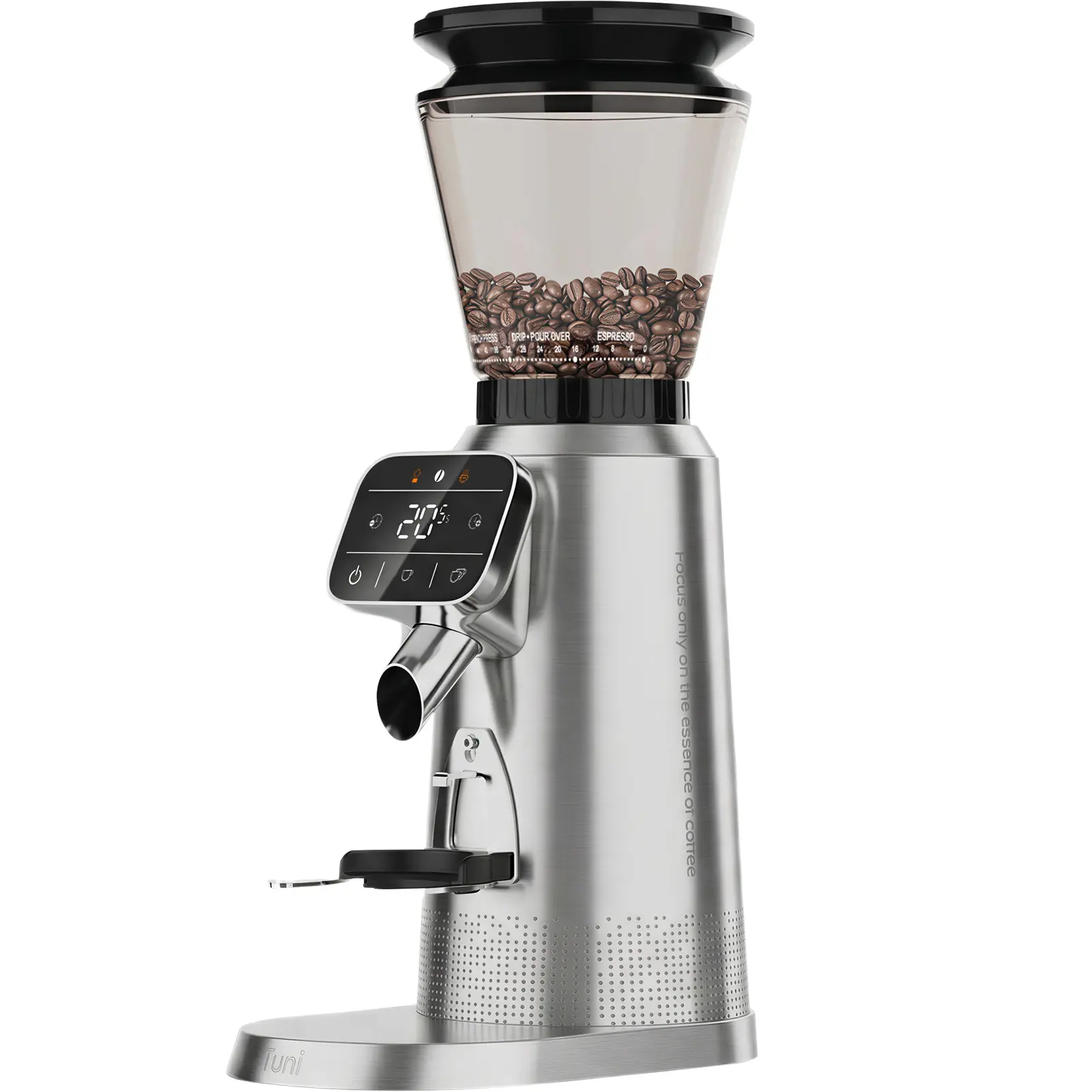 Tuni G2 Conical Burr Coffee Grinder, 70 Grind Settings Anti-static Burr Mill, Precision Electronic Timer and LED Touchscreen for Espresso/Drip/Cold Brew/French Press, Stainless Steel, Silver