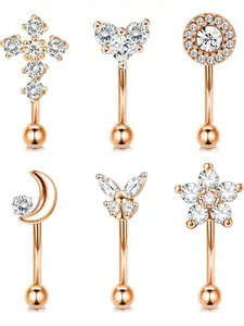 6-Piece Set of  Stainless Steel Rook and Daith Earrings for Women: Belly Button Piercing, Lip, Cartilage, Tragus, and Body Piercing Curved Barbells and Eyebrow Rings (6–8 mm) Body Piercing Jewelry