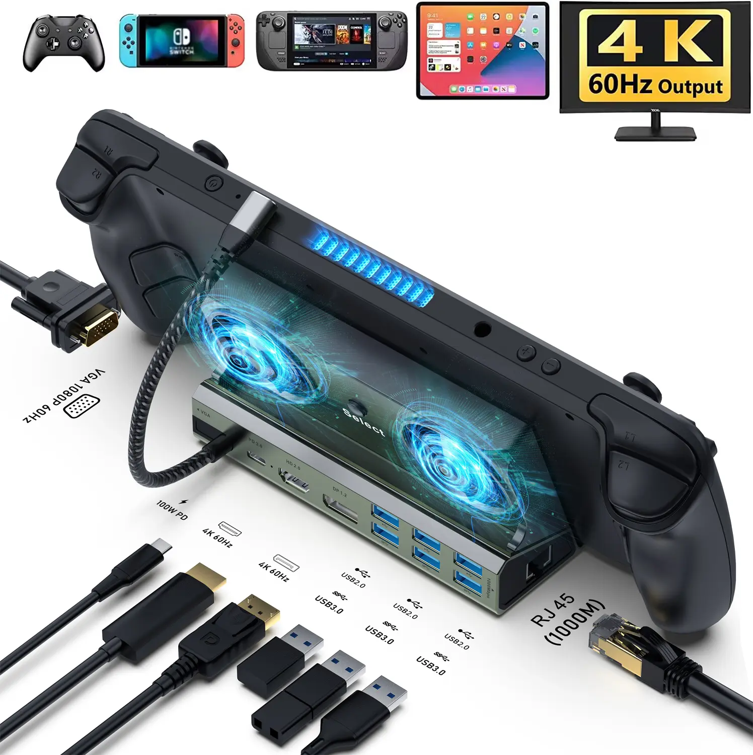 Portable Game Console Docking Station Multifunction 11-In-1 Docking with Dual