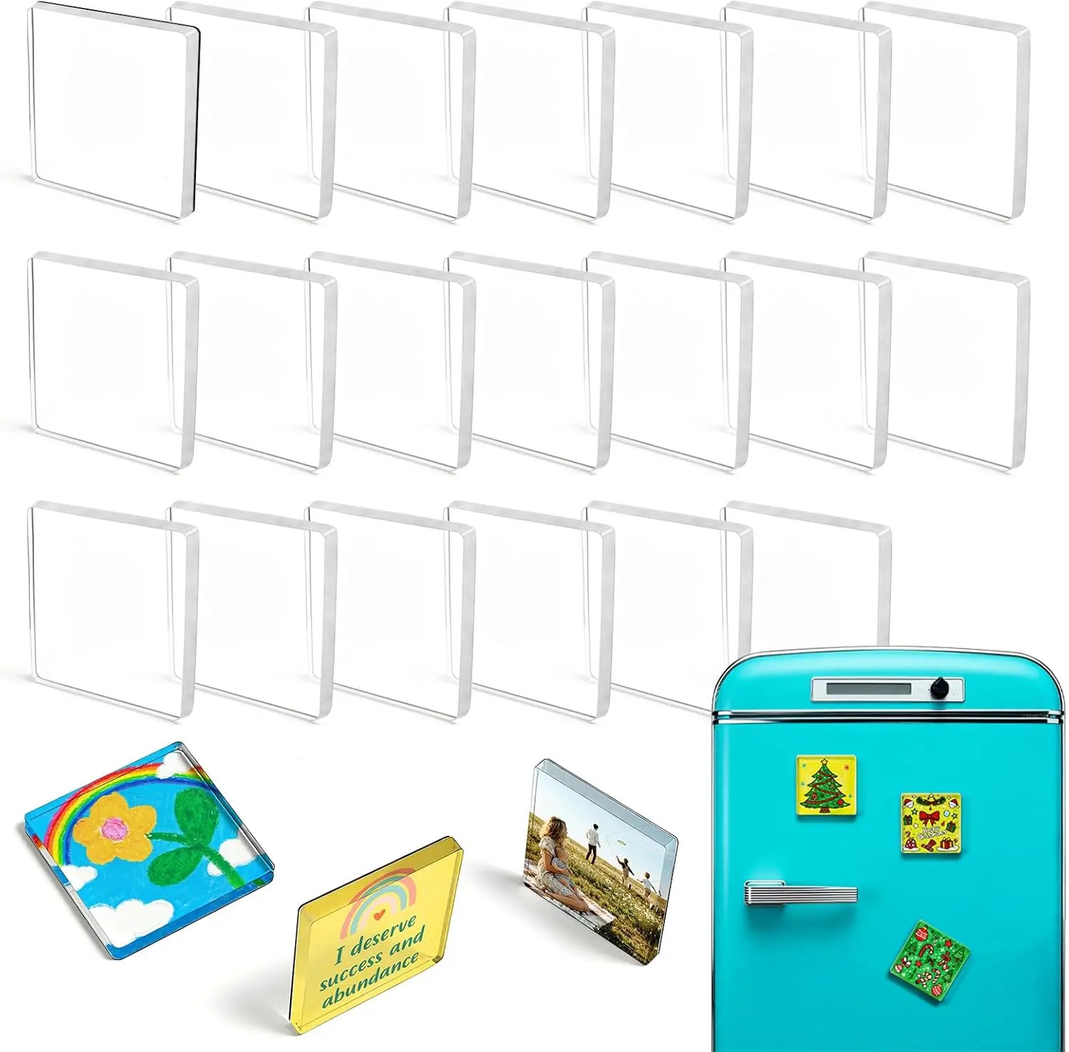 10 Pcs DIY Fridge Magnet Craft Set, Acrylic Square Decorative Refrigerator Magnets with Adhesive Backing, Ferrite Magnets for Office, Classroom, Cabinets, Kitchen (0.5 mm Thickness)
