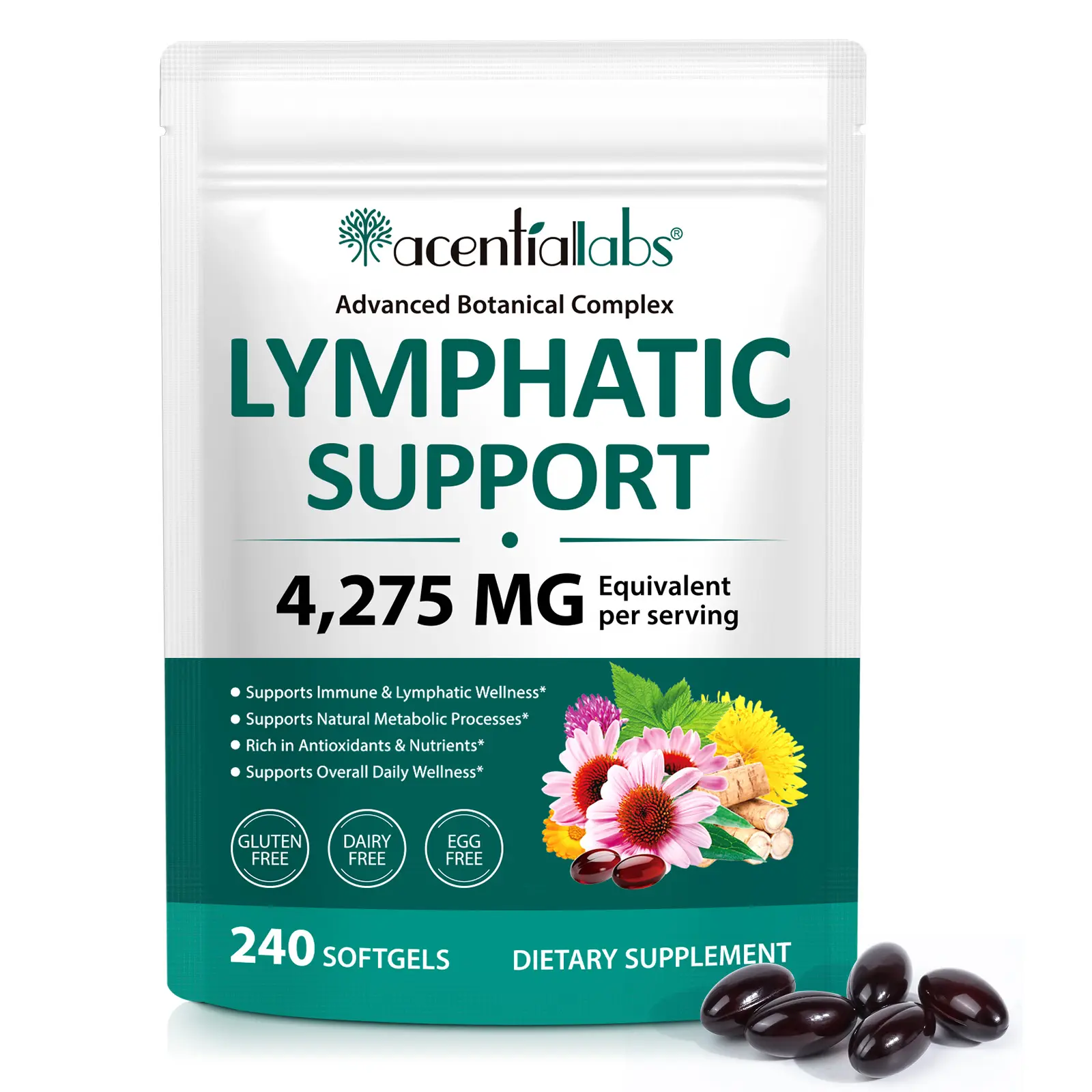 Lymphatic Drainage Supplements 240 Softgels | Echinacea Dandelion & Burdock Root Herbal Blend | Supports Healthy Circulation, Fluid Balance & Daily Wellness | For Men & Women