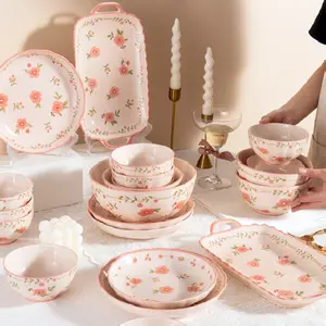 8/18/27/45 Piece Ceramic Tableware Set Pink Peach Blossom French Style Fresh Design for 2-8 People Microwave Safe Durable Material Stylish Dinnerware
