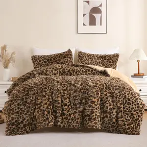 Print  Faux  Comforter Set  Size, 3 count Brown Leopard Plush Shaggy Fuzzy Bedding Set, Ultra Soft Luxury Furry Boho  Print Winter Warm Comforter for Women Gilrs