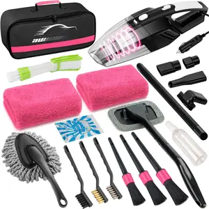 20 count  Cleaning Wash Kit Interior Detailing Cleaner Kit with High Power Handheld Vacuum, Brush Set, Windshield Tool, Duster, Towels, Complete  Care Tools, Pink