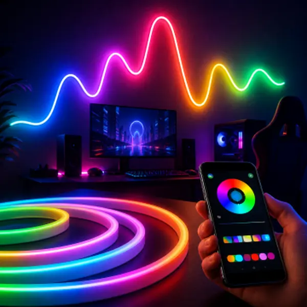 3M Silicone RGB Neon LED Strip Lights - Indoor Flexible Multi-Mode Color-Changing Lights for Gamers' Bedroom, Home Decor, Includes Clips
