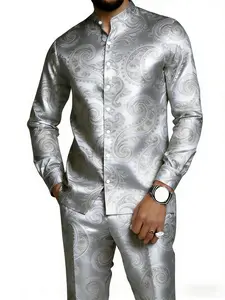 Men's Luxury Gold Paisley 2-Piece Set – Stand Collar Long Sleeve Shirt & Matching Pants for Formal & Party Wear