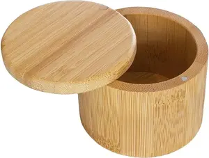 Salt Cellar Bamboo Storage Box with Magnetic Swivel Lid, 6 Ounce Capacity Kitchen Utensils Seasoning Organizer Ecofriendly