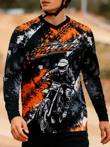 Motorcycle Off-Road Long Sleeve Shirt, Sporty Style, Random Print Design, Moderate Fabric Thickness, Fitted All Season Wear