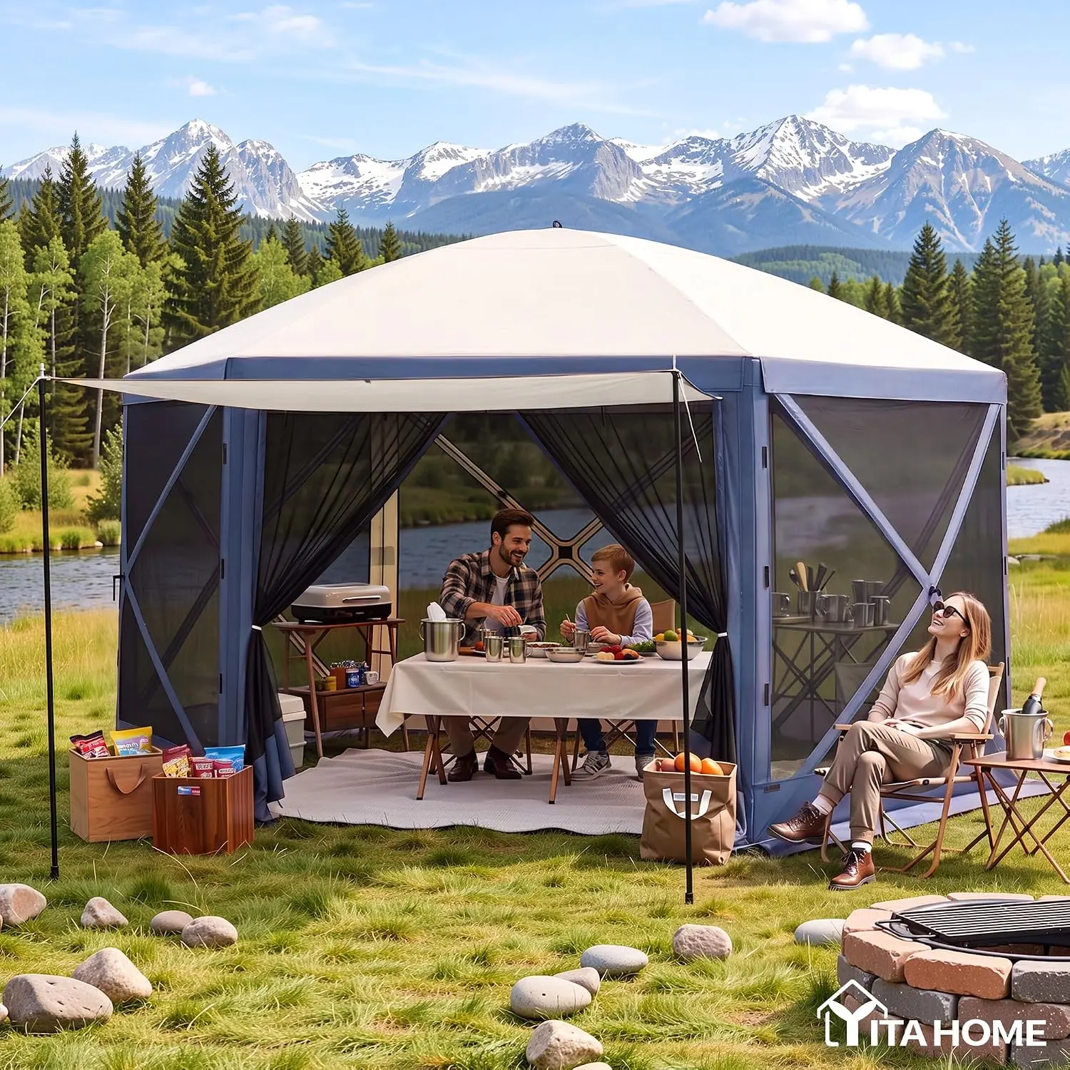 Yitahome 11.5x11.5ft/12x12ft Camping Gazebo, Portable Pop Up Canopy Outdoor Screen Tent 6/8 Sided with Mesh Windows for Camping, Picnic, Backyard Party Outside Activities