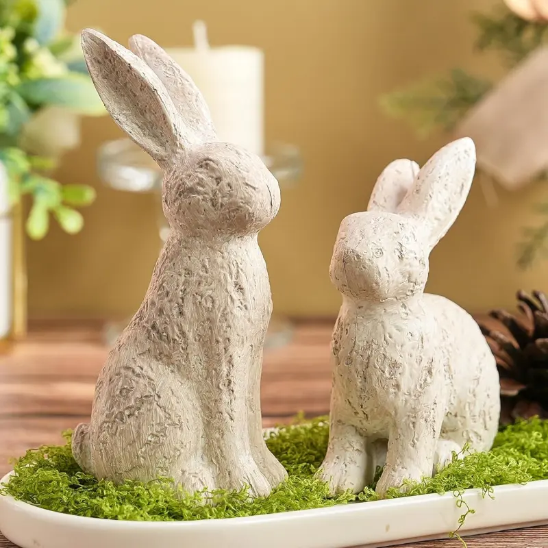 Beige Easter Bunny Decor, Bunny Figurines Set of 2, Resin Rabbit Decor with Stone-Look Finish, Vintage Bunnies Statue for Spring Table Centerpiece, Rustic Home, Farmhouse Mantle Shelf Decor 2026 new
