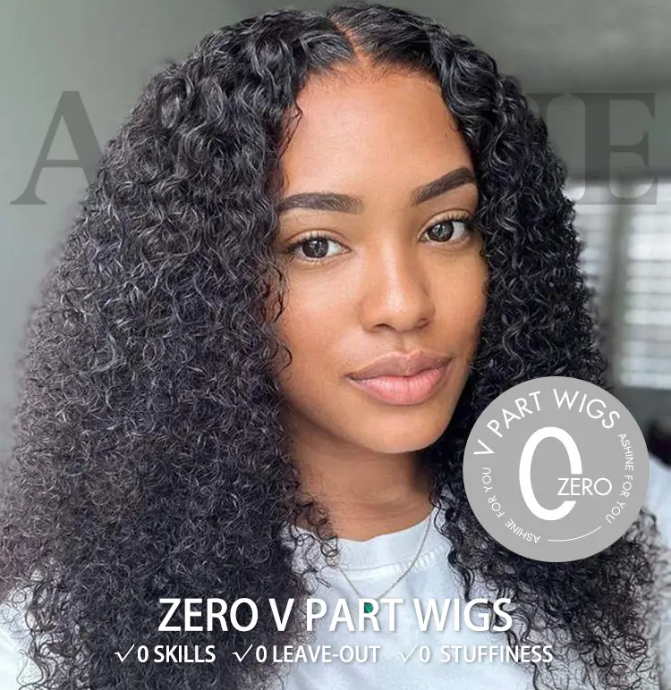 [Ashine] V Part Wigs Kinky Curly Human Hair Natural Black No Leave Out 22 Inch
