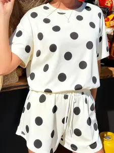 Black Polka Dot Print Loose Tee Drawstring Elastic Waist Short Set, Women's 2 Piece Summer Outfits, Soft Casual Lounge Matching Sets with Pockets and Drop Shoulder for Vacation and Sleepwear