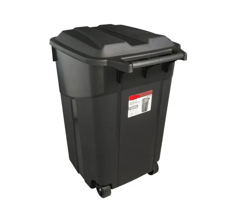 45 Gal Wheeled Heavy-Duty Plastic Garbage Can with Attached Lid, Black Outdoor Waste & Recycling Bin for Home Care