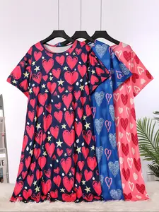 Women's Plus Size Casual Knit Dress Heart Print Three-Piece Sleepwear Set Short Sleeve Spring Summer Home Wear