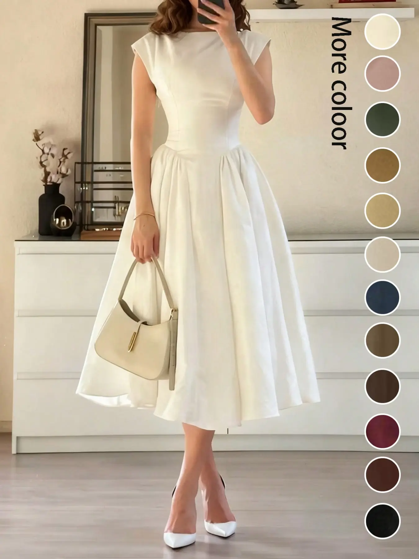 Women's Casual Fashion Chic Dress Spring Summer New Pure Color Elegant Vintage Long Puffy Dress, French Waist Cinched Dress for Wedding Date Outing, Elegant Dresses