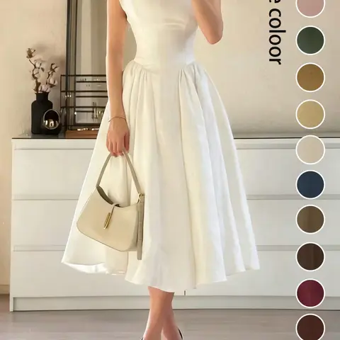 Women's Casual Fashion Chic Dress Spring Summer New Pure Color Elegant Vintage Long Puffy Dress, French Waist Cinched Dress for Wedding Date Outing, Elegant Dresses