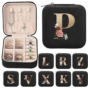 Floral Initial Jewelry Holder Organizer Box, Accessories Box, Compact Travel Case for Rings, Necklaces, Earrings, Soft Velvet Lining, Durable Zipper, Lightweight & Portable