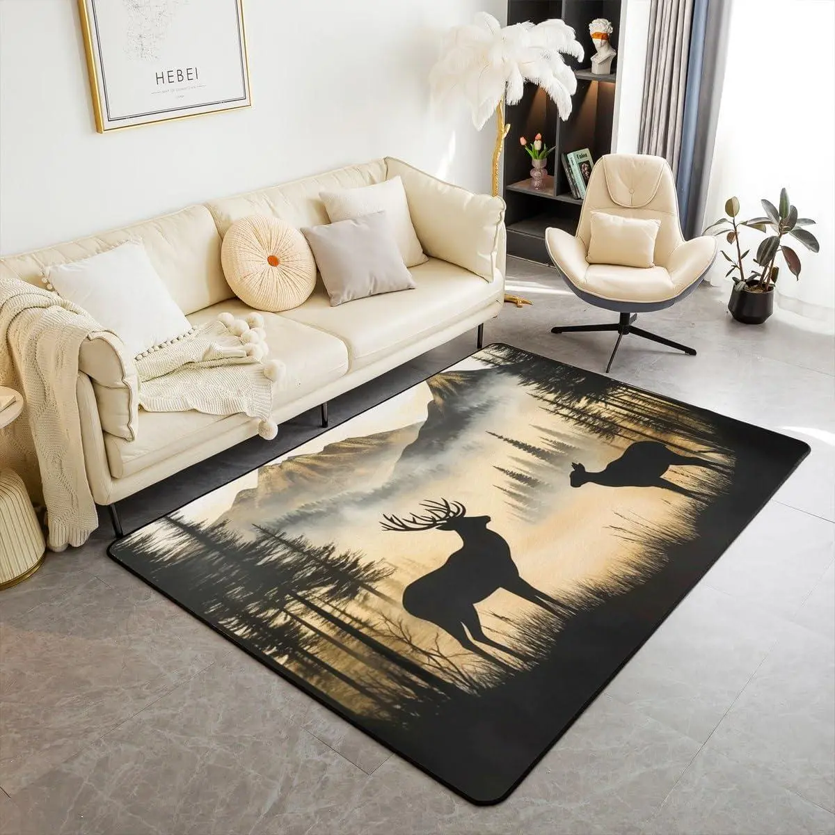 Cute Deer Area Rug Deer Hunting Living Room Rugs for Kids Boys Girls Bedroom Mountain Decor Carpet with Non-Slip Bac Foggy Mountain Indoor Floor Mat Soft Polyester