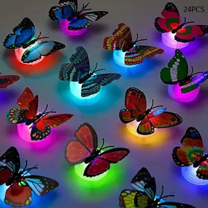 3D Butterfly Shape Night Light Random Color 24pcs/set Glowing Wall Stickers Decorative Decals for Home Bedroom Party Holiday Decor Lighting