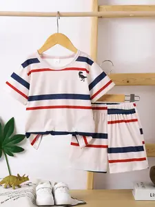 Summer Round Neck Striped Dinosaur Digital Print Short Sleeve Top, Boys' Casual Sports Set, Kids Fashion Clothing, Striped Sets
