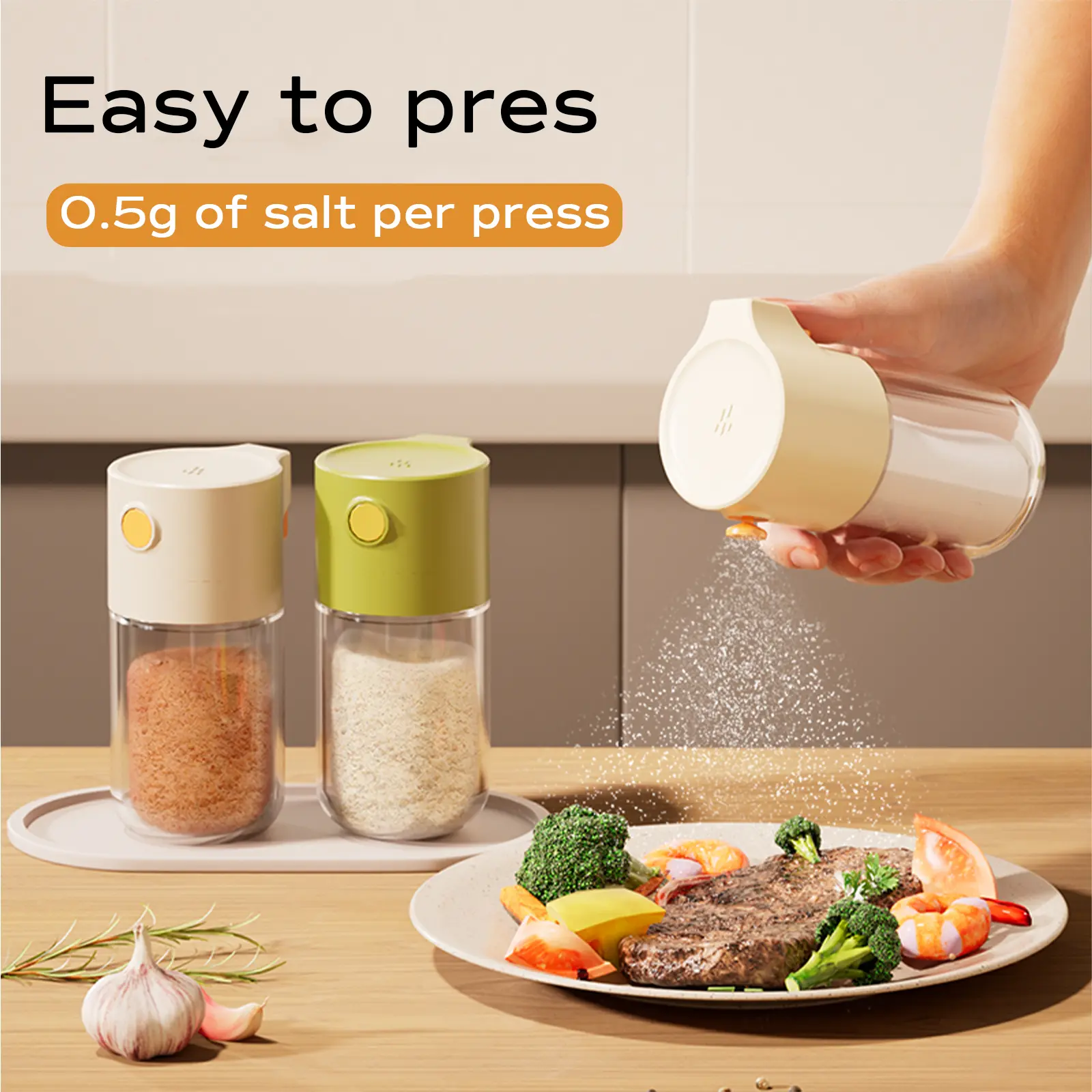 Jeetee Modern Glass Push-Press Quantitative Seasoning Bottles - Salt and Pepper Shakers, Tin Canister, Multicoloured Portable Kitchen Gadgets, Glass Jar with Rubber Lid Drizzlers & Dressing Shakers, Fine Salt Drizzlers & Dressing Shakers, Jarred Drizzlers