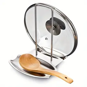 1pc Stainless Steel Pot Lid Rack Shelf with Drain Tray Bracket - Free Punching Soup Spoon Rack with Removable Shelf - Kitchen Accessories for Easy Pot Cover Storage and Drainage