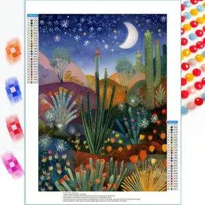 5D DIY Diamond Painting Art Kit Round Drill Diamond Painting, Diamond Art, Rare Cactus Under the Moonlight Easy Art Kit Suitable for Adults And Crafts for Gifts And Home Wall Decoration Gifts, Desert Christmas Gift for Cactus Lovers，Frameless