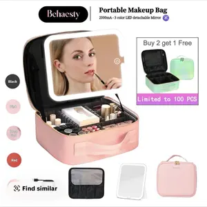 Behaesty Portable Makeup Bag with 3-Color LED Light Detachable Mirror 2000mAh USB Rechargeable Waterproof PU Leather Organizer Compact Travel Cosmetic Pouch Vanity Purse Zip TikTokShopBlackFriday