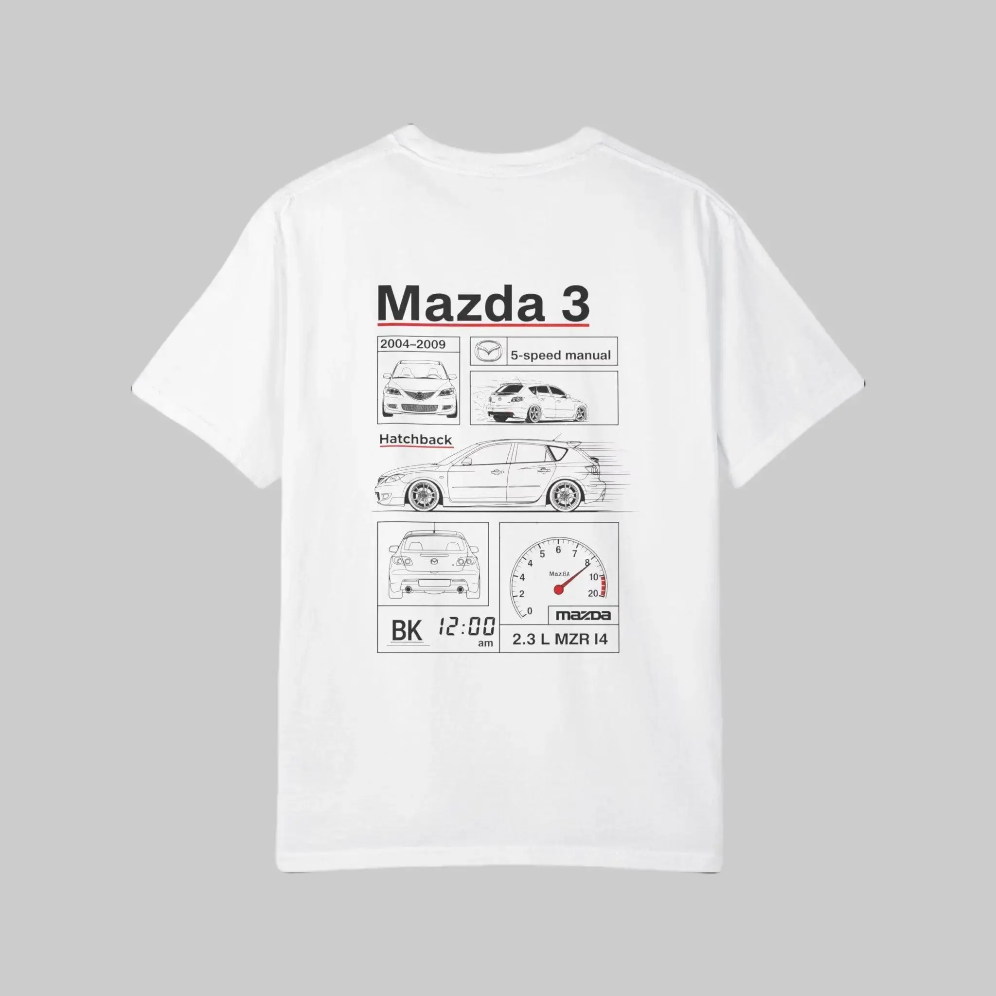 Mazda 3 Hatchback (2004-2009) Shirt, Car Enthusiast Apparel, Vintage Style Graphic T-Shirt Sweatshirt Hoodie 2 Sided, Gift for Car Lovers