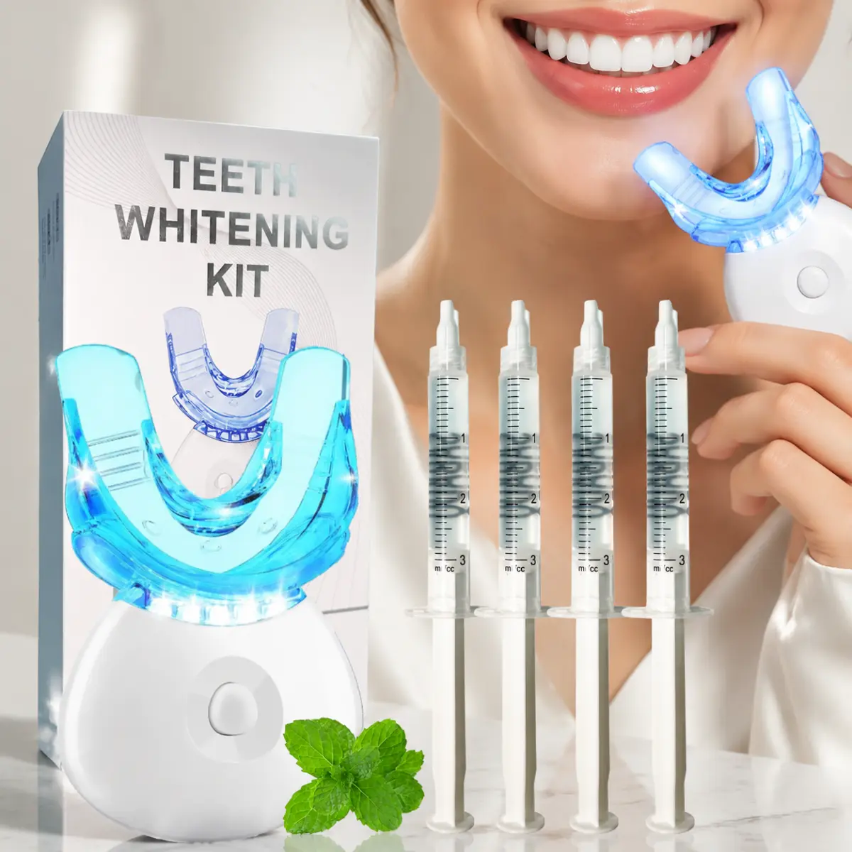 10-Min Whiter Smile LED Teeth Whitening Kit for Sensitive Teeth with 4 Gel Syringes Color Chart Whitening Device and 3-Week Whitening Course Oral Whitening